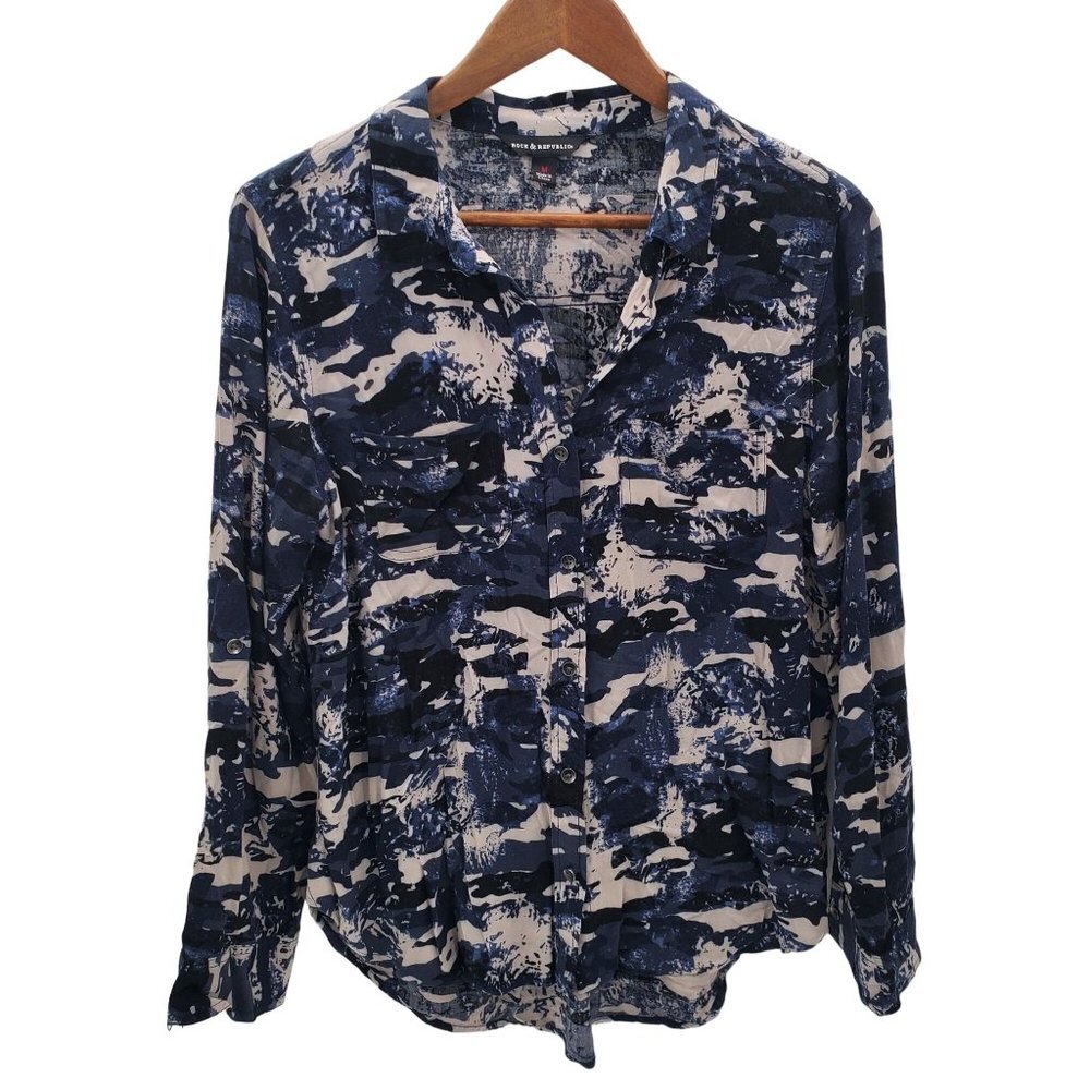 Rock & Republic Womens Button Up Long Sleeve Camouflage Shirt Sz M Blue Black